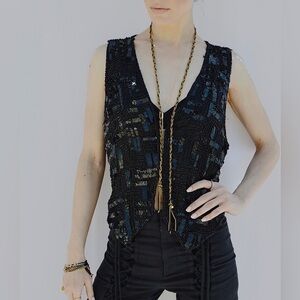 Vintage Rachna 100% Silk Beaded Sequin Vest Top 90s Glam